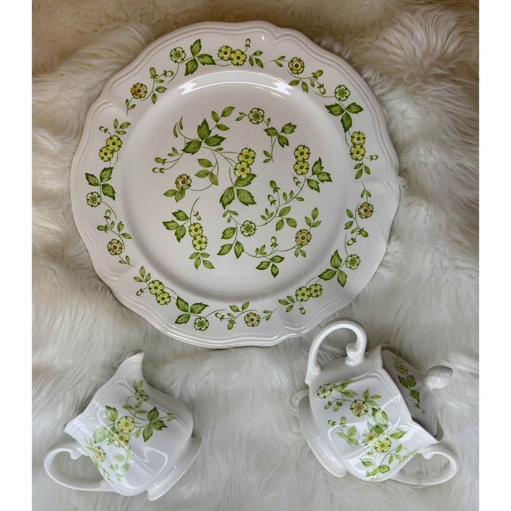 VTG Petite Flora‎ Ironstone Green Floral Platter Plate Sugar Creamer 3 Piece Set